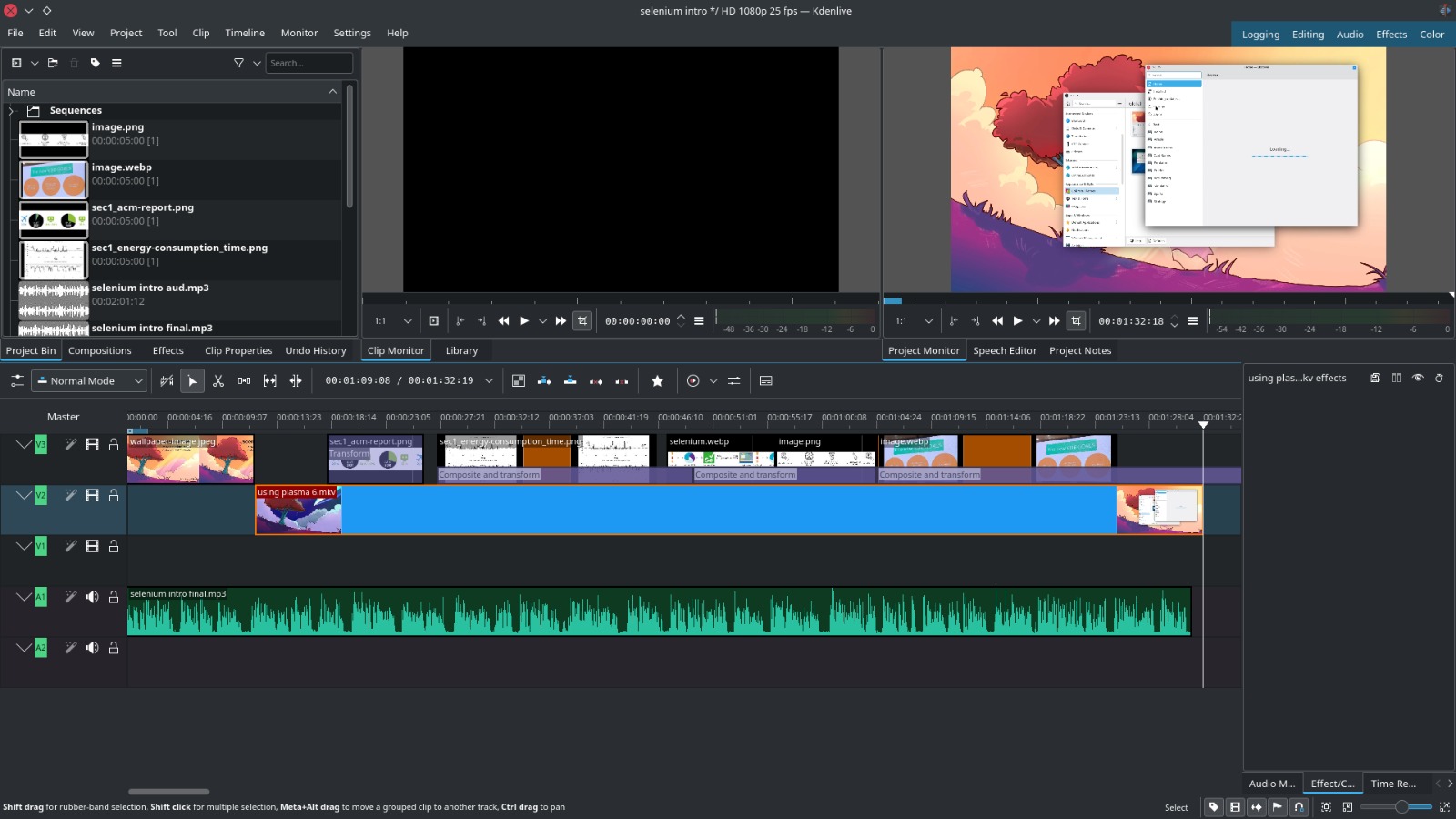 Using Kdenlive to edit the Selenium videos (screenshot from Pradyot Ranjan published under a CC-BY-4.0 license).